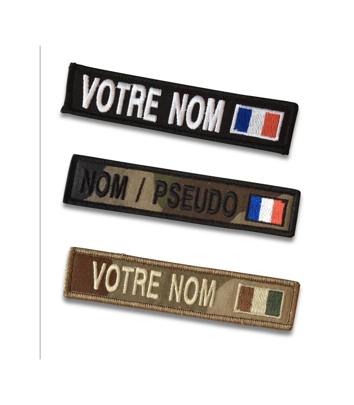 Bande patronymique sur feutre bleu avec drapeau France (par 2)